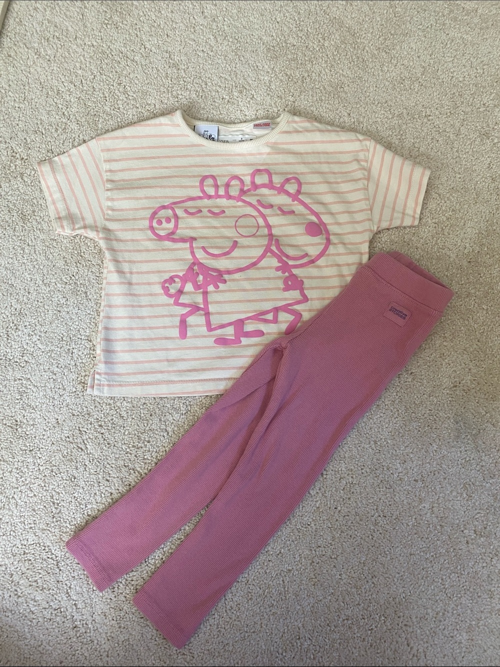 Zara Pink Peppa Pig Graphic Tee with Solid Pink Waffle Pants - 3T